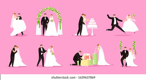 Newlywed, just married couple, bride and groom vector illustration wedding, marriage set. Happy newlywed family man and woman celebrate, dance, kiss, eat cake and make out gifts. Swing, arch, flowers.