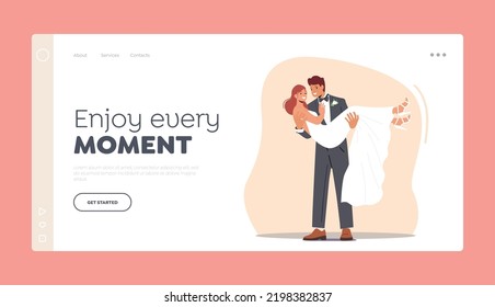 Newlywed Man and Woman Getting Married Landing Page Template. Happy Groom Carry Bride on Hands to Altar during Wedding Ceremony. Wife and Husband Characters Romance. Cartoon People Vector Illustration