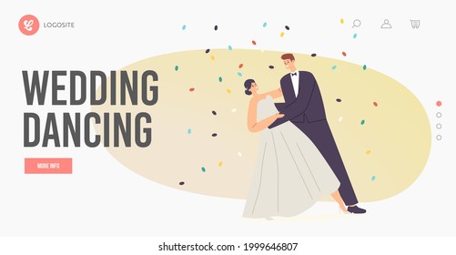 Newlywed Perform Wedding Dancing Landing Page Template. Marriage Celebration, Young Husband and Wife Waltz under Falling Confetti. Bride and Groom Characters Dance. Cartoon People Vector Illustration