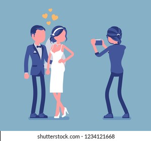 Newlywed and photographer. Guy takes photographs on a wedding day ceremony, married young man and woman, happy new couple posing before professional camera. Vector illustration, faceless characters