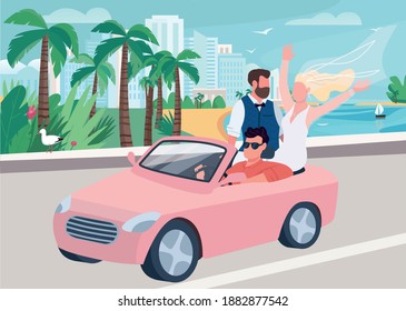 Newlywed riding car flat color vector illustration. Wedding celebration. Man and woman on seaside road. Bride in dress and happy groom 2D cartoon characters with landscape on background