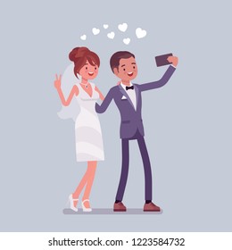 Newlywed taking selfie by phone. Just married happy young man and woman on wedding day ceremony make a photograph with a smartphone or webcam by themselves. Vector flat style cartoon illustration