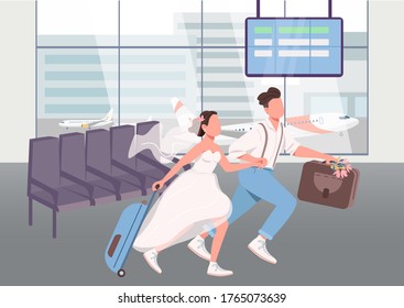 Recién casados en la terminal del aeropuerto, ilustración vectorial de color plano. Esposa y esposo se van de vacaciones de luna de miel. Personajes de dibujos animados 2D en pareja de jóvenes casados con un avión sobre el fondo