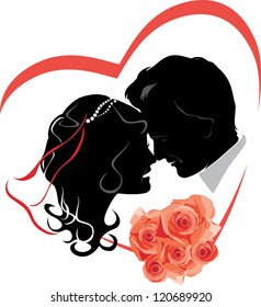 Newlyweds with bouquet of roses. Wedding icon. Vector