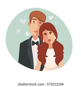Newlyweds bride and groom on love photo with hearts background. Just married couple of man and woman on wedding, engagement or honeymoon romance photograph. Vector illustration