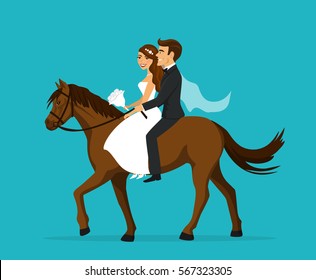 Newlyweds, bride and groom riding horse on wedding day