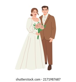 Newlyweds. Bride and groom. Vector hand drawn illustration in flat cartoon style. Isolated on white background.