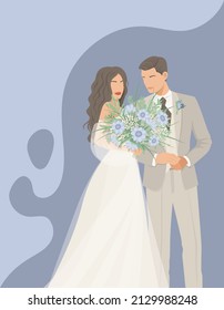 Recién casados, novios y novios. Diseño de bodas para invitación, tarjeta romántica, salón de novias. Ilustración abstracta vectorial