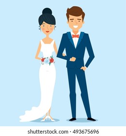 Newlyweds Bride And Groom In Wedding Dress. Vector Character Illustration 