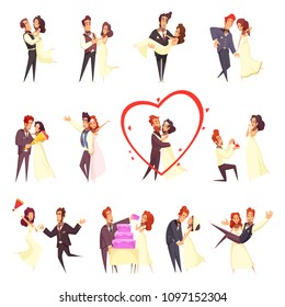 Newlyweds cartoon set, bride and groom during engagement ceremony, hugs, dance and eating cake isolated vector illustration