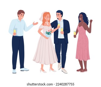 Newlyweds celebrating wedding event with friends semi flat color vector characters. Editable figures. Full body people on white. Simple cartoon style illustration for web graphic design and animation