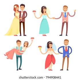 Newlyweds celebration collection, partying bride and groom, dancing and hugging, woman with bouquet and man dressed in suit vector illustration