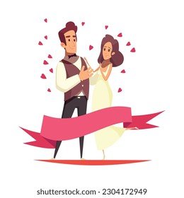 Newlyweds composition with doodle human characters of bride and groom surrounded by red heart symbols vector illustration