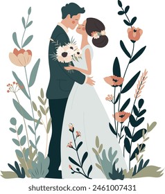 Newlyweds couple with floral design flat illustration