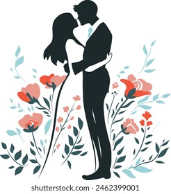 Newlyweds couple with floral design flat illustration