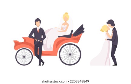 Newlyweds Couple as Just Married Male and Female in Wedding Dress and Suit Sitting in Carriage and Kissing Vector Set
