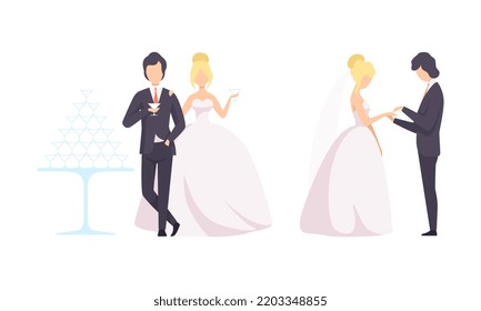 Newlyweds Couple as Just Married Male and Female in Wedding Dress and Suit Putting Ring and Drinking Champagne Vector Set