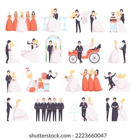 Newlyweds Couple as Just Married Male and Female in Wedding Dress and Suit Big Vector Set