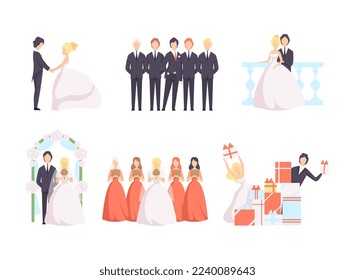 Newlyweds Couple as Just Married Male and Female in Wedding Dress and Suit Vector Set