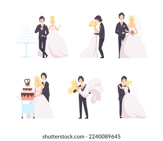 Newlyweds Couple as Just Married Male and Female in Wedding Dress and Suit Cutting Cake and Dancing Vector Set