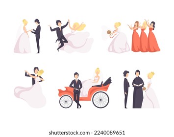 Newlyweds Couple as Just Married Male and Female in Wedding Dress and Suit Holding Hands and Jumping Vector Set