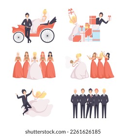 Newlyweds Couple as Just Married Male and Female in Wedding Dress and Suit Vector Set