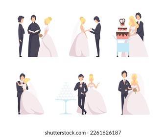 Newlyweds Couple as Just Married Male and Female in Wedding Dress and Suit Vector Set