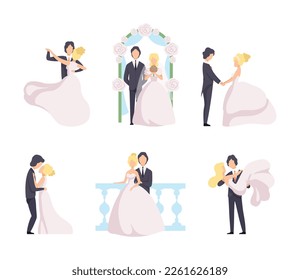 Newlyweds Couple as Just Married Male and Female in Wedding Dress and Suit Vector Set