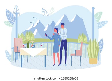Newlyweds Couple take Selfie on Restaurant Observing Platform or Terrace in Mountains. Young Man and Woman Cartoon Character Photographing themself in Honeymoon Journey. Flat Vector Illustration.