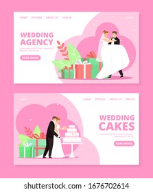 Newlyweds couple vector illustrations set for wedding agency. Marriage day bride and groom in banquet hall cartoon characters. Woman in white bridal dress with veil and man in festive costume .