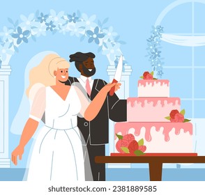 Newlyweds cut cake concept. Man in suit and woman in white dress near dessert. Marriage and wedding ceremony. Bakery and pastry. Bride and groom with delicacy. Cartoon flat vector illustration