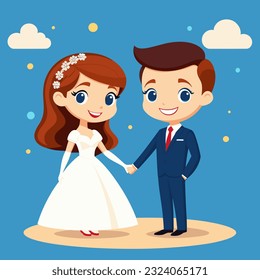 newlyweds, cute cartoon vector illustration of a man in a suit and a woman in a wedding dress