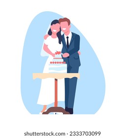 Newlyweds cutting wedding cake. Bride and groom holding knife. Happy couple with dessert. Holiday confectionery. Marriage celebration tradition. Married man and woman