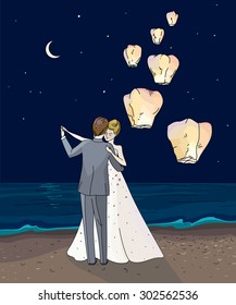 Newlyweds dancing couple in a romantic atmosphere on the beach