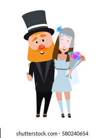 Newlyweds in an embrace. Happy romantic couple. Young people on a white background. The girl in a wedding dress and a man in a suit. A bearded man with the dark haired girl.