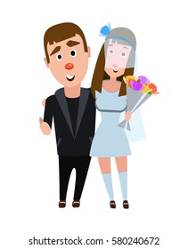 Newlyweds in an embrace. Happy romantic couple. Young people on a white background. The girl in a wedding dress and a man in a suit. Dark haired guy with the dark haired girl.