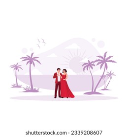 The newlyweds are enjoying their honeymoon off the coast. Love, honeymoon concept. Trend Modern vector flat illustration