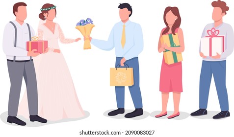 Newlyweds exept gifts semi flat color vector characters. Interacting figures. Full body people on white. Wedding isolated modern cartoon style illustration for graphic design and animation