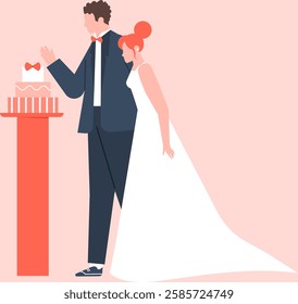 Newlyweds gazing at their beautifully decorated wedding cake placed on a pedestal, celebrating their love and commitment during a joyful ceremony filled with happiness and togetherness