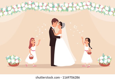 Newlyweds with girls who throw petals in the air. Cute vector cartoon characters.