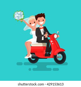 Newlyweds go on a red moped. Vector illustration of a flat design