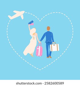 Os recém-casados vão de avião à lua de mel com a bagagem. Ilustração vetorial para o design de cartões de férias e convites de casamento.