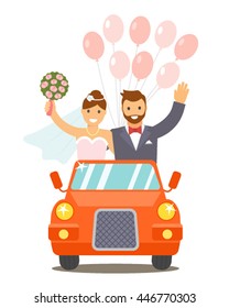 Newlyweds go to the wedding car. Flat vector illustration in cartoon style isolation on a white background