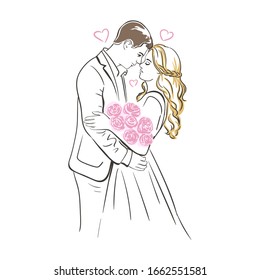 Newlyweds. Groom and bride hugging with a bouquet of pink roses. Loving beautiful couple. Wedding, invitation, pink hearts.  Illustration. Template. Emblems and labels, for mascot or logo design