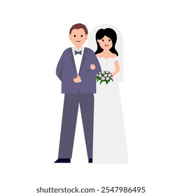 Newlyweds, groom and bride. Vector simple color flat illustration.