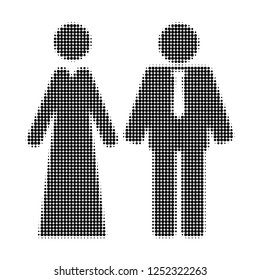 Newlyweds halftone dotted icon. Halftone pattern contains round dots. Vector illustration of newlyweds icon on a white background.