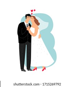 Newlyweds. Happy young family having wedding ceremony. Man and woman getting married. Bride and groom, girl in wedding dress vector illustration