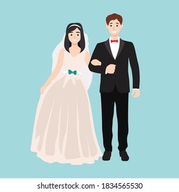 Newlyweds. Happy young family having wedding ceremony. Man and woman getting married. Bride and groom, girl in wedding dress vector illustration