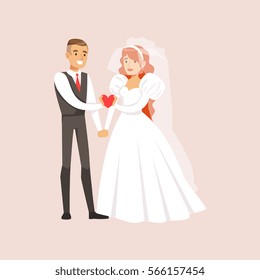 Newlyweds Holding A Pink Heart Together At The Wedding Party Scene