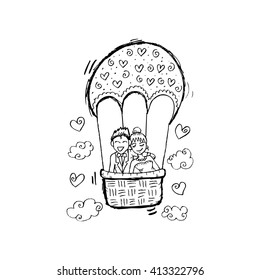 Newlyweds in a Hot Air Balloon. Hand drawiing illustration.